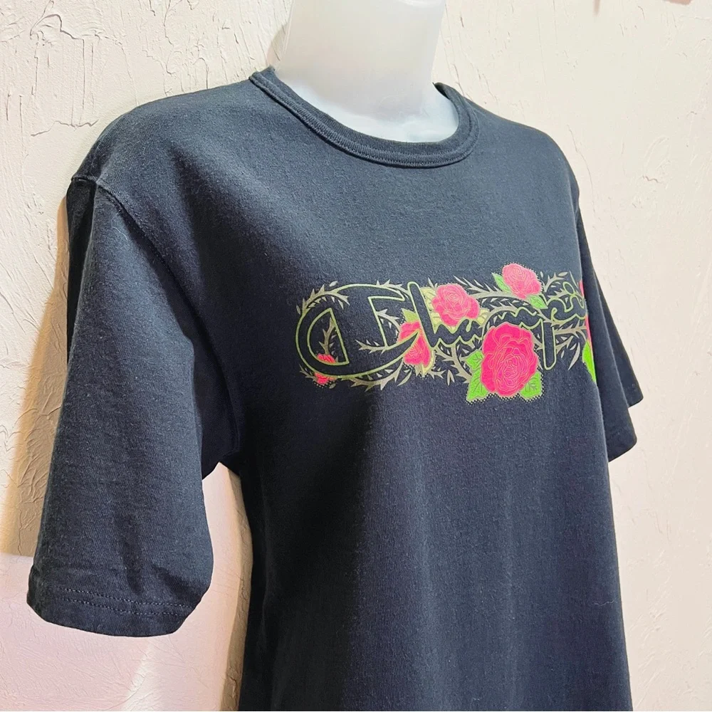 2000s Champion Black T Shirt Thorns and Roses y2k Goth Unisex M - Picture 1 of 8